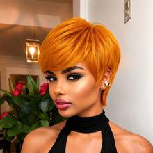 AMECIRE New Short Orange Human Hair Pix Cut Wig With Bang For Women Layered Short Straight Bob Wigs Natural Looking Soft Human Hair Perfect For Daily Wear Party Elegant Wigs - S350 - View 8