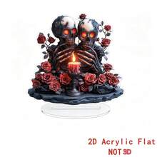 1PC Gothic Skeleton Skull Red Rose Candle 2D Acrylic Standee, Spooky Halloween Table Decor, Creepy Haunted House Desktop Ornament, Dark Horror Scary Goth Home Party Gift - A - View 9