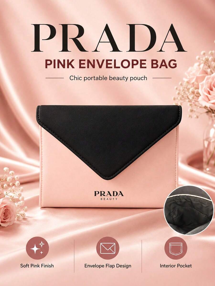 Prada 普拉達粉紅信封包20×14cm，聚酯纖維(聚酯纖維)布料，信封外觀，內裡充裕，收納美妝出行送禮皆宜