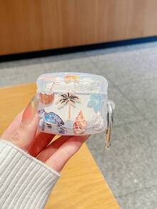 1件波浪邊夏季海灘海龜與椰子樹耳機保護殼，半透明磨砂防摔耳機套，附金屬掛鉤，印有島嶼海灘元素（海龜、椰子樹、貝殼、扶桑花、椰子飲品） - 彩色 - 查看 14