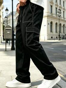 Men's Colorblock Stitching Cargo Pants, Elastic Drawstring Waist, Multi-Pocket Straight Leg Black Casual Long Pants Sports - Black - View 1