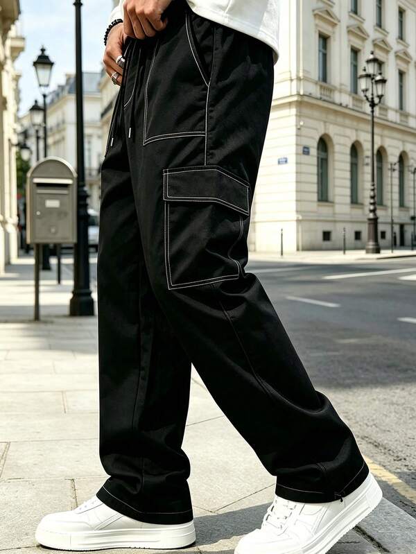 Men's Colorblock Stitching Cargo Pants, Elastic Drawstring Waist, Multi-Pocket Straight Leg Black Casual Long Pants Sports