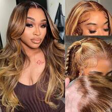 KGIFH 36 Inch 360 Full Lace Wig Human Hair Invisi Strap Drawstring 250 Density Highlight Ombre Body Wave 360 HD Lace Front Wigs Human Hair Pre Plucked 13x4 13x6 Human Hair Lace Wig Glueless Body Wave Frontal Wigs 4/27 Colored Wig For Women - S4/27 - 查看 9