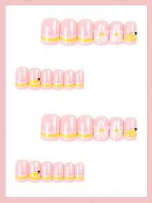 24pcs Rt Square French Nude Yellow Double Layer 3D Banana Design Nail Stickers, Fresh Sweet INS Style Fake Nails, Suitable For Students And Young Girls, Brighten Skin Tone, Self-Adhesive - 彩色 - 查看 2