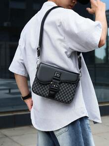 Vintage Printed Patchwork Men's Flap Crossbody Small Bag, Functional Buckle Design, Waterproof & Wear-Resistant Fabric For Rainy Days, Wide Adjustable Shoulder Strap With Pressure Relief, Large Capacity Layered Storage For Phone & Keys, Street Commute Workwear Style Versatile, Lightweight Premium One Shoulder Square Bag, Student & Youth Daily Carry Bag For Work, School, Shopping, Vacation, Travel - Multicolor - View 1