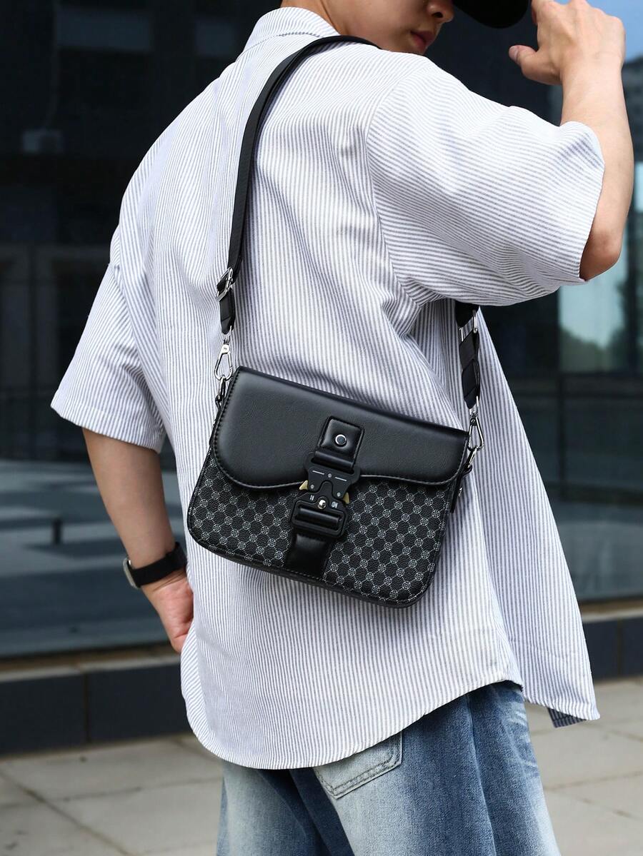 Vintage Printed Patchwork Men's Flap Crossbody Small Bag, Functional Buckle Design, Waterproof & Wear-Resistant Fabric For Rainy Days, Wide Adjustable Shoulder Strap With Pressure Relief, Large Capacity Layered Storage For Phone & Keys, Street Commute Workwear Style Versatile, Lightweight Premium One Shoulder Square Bag, Student & Youth Daily Carry Bag For Work, School, Shopping, Vacation, Travel - Multicolor - View 1