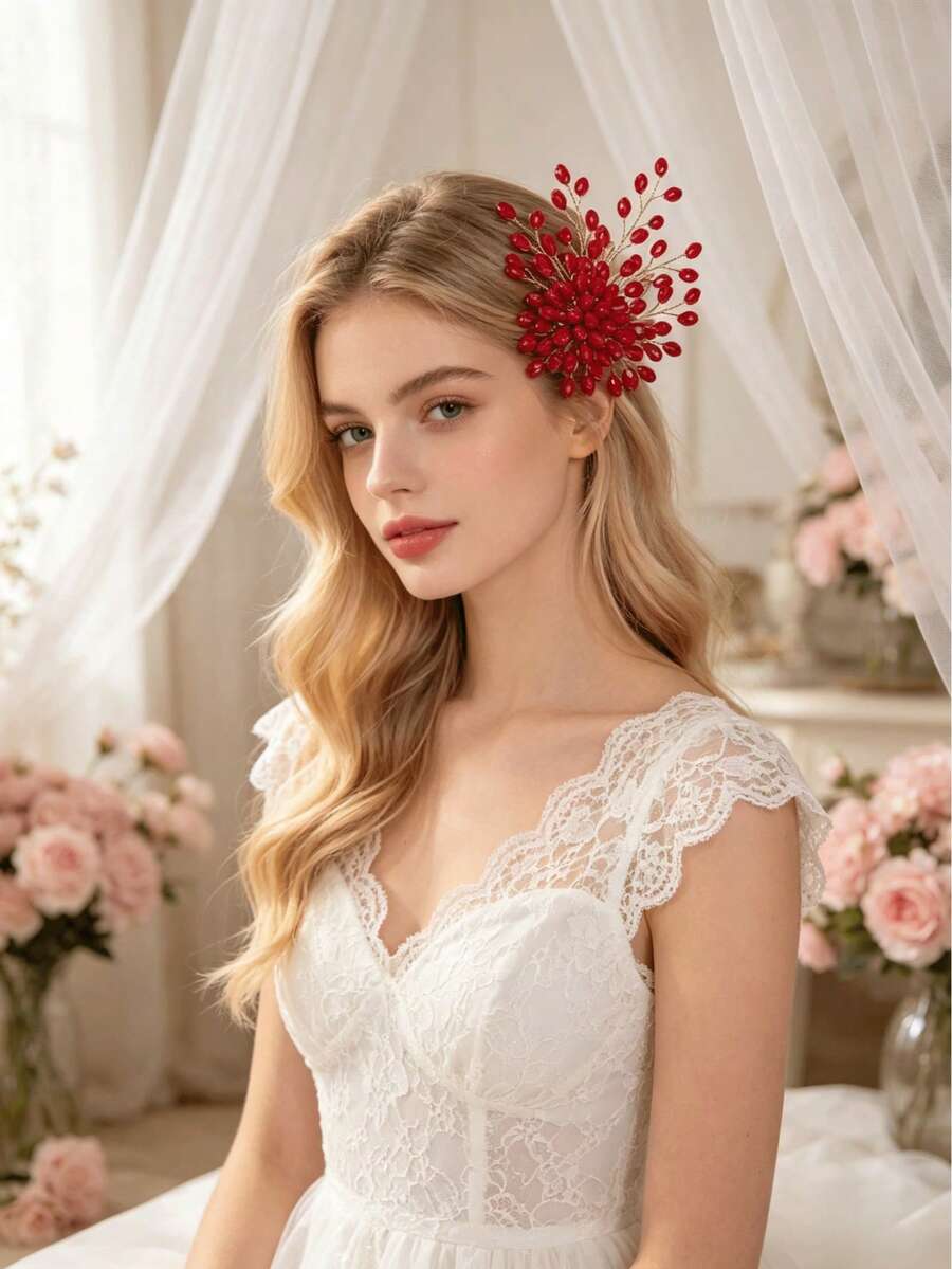 1pc New Korean Style Bridal Wedding Hair Accessory, Red Handmade Pearl & Crystal Hair Clip - 63492 - View 1