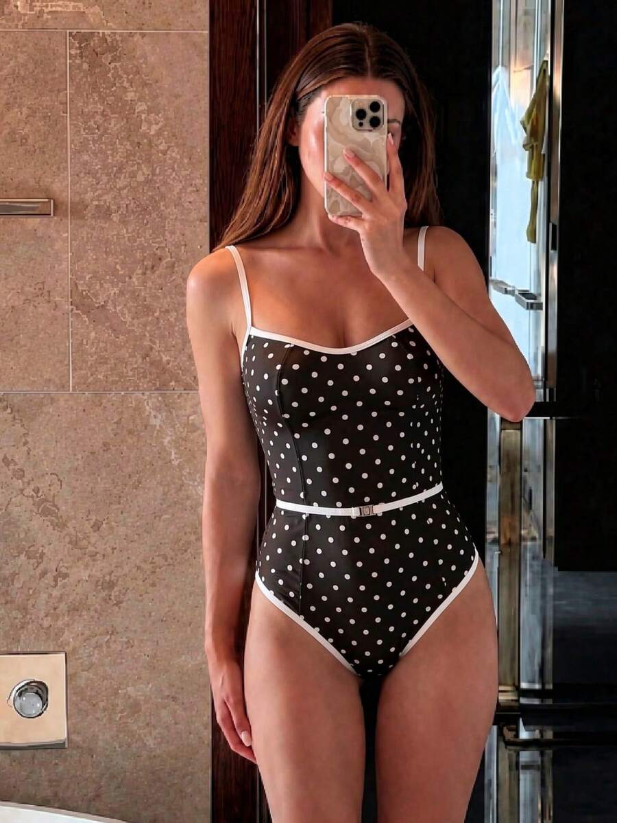 HOTTIE HABIT 女款優雅黑白波點細肩帶連身泳衣,附腰帶,高彈性 - 彩色 - 查看 1
