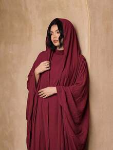 3pcs Fashionable Versatile Solid Color Broken Card Long Robe Set For Women, Elegant Sleeveless Long Robe + Loose Abaya Cardigan Long Robe + Scarf Set, Soft Skin-Friendly Sun Protection Muslim Clothing Shawl - Burgundy - View 4