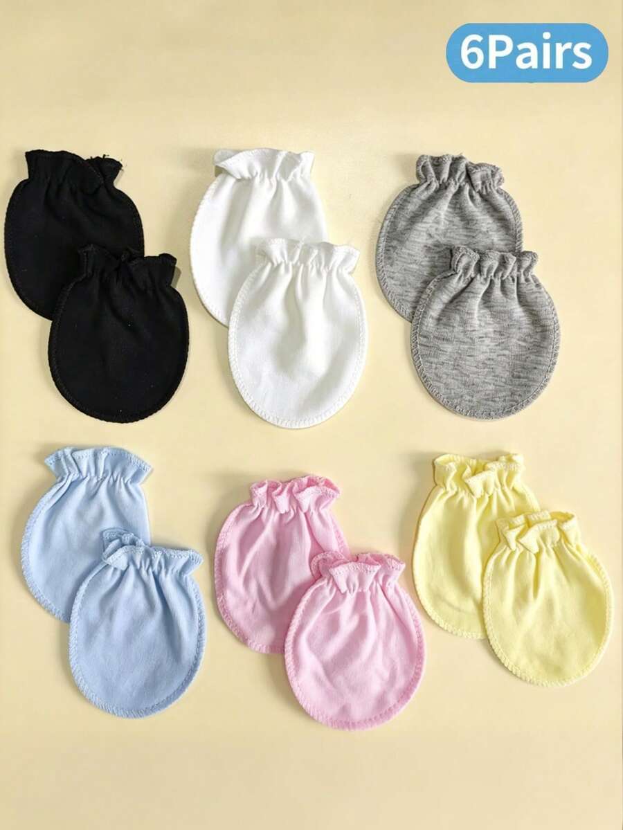 6 Pairs Pairs Solid Color Newborn Baby Mittens,Solid Color All Season Anti-Scratch Infant Accessories, Scratch-Proof, Soft And Comfortable - Multicolor - View 1