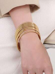 Pulsera de mujer de acero inoxidable chapada en oro de imitación de 18K, pulsera básica minimalista de lujo y moda, joyería resistente al agua - Dorado - Ver 8