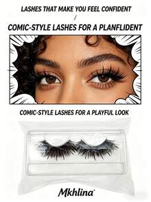 1 Pair 20mm Black Slim Cartoon Wet Look Faux Mink Natural Voluminous False Eyelashes - Black - View 7