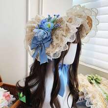 LOLITA 田園風多色可愛花卉蕾絲蝴蝶結平頂草帽，Lolita髮飾，春夏秋冬四季森系Lolita髮飾，編織防曬裝飾帽，優雅蕾絲服裝搭配頭飾 - A - 查看 16