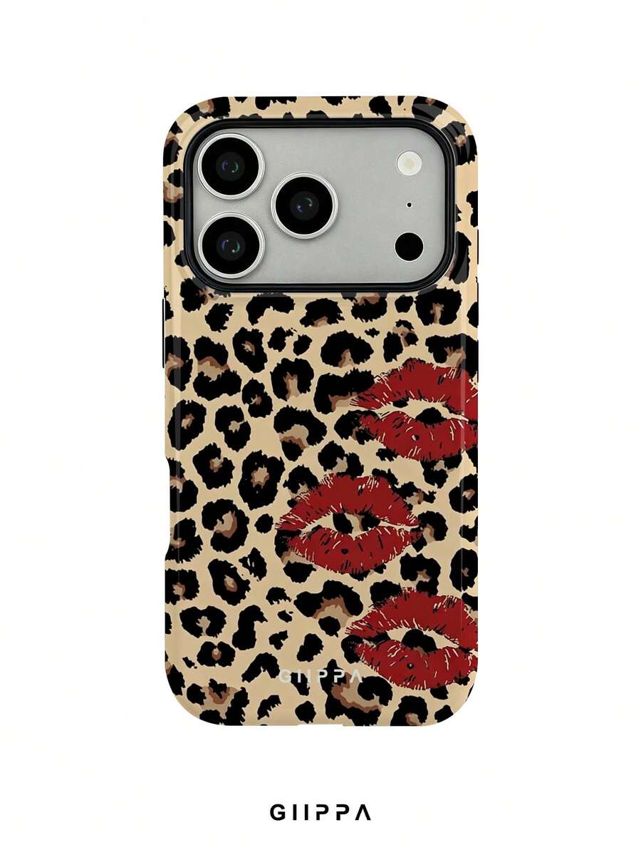 GIIPPA 1pc Yellow-Brown Leopard Print Bottom & Red Lips Pattern Design, Phone 17 Pro Max Phone Case, Compatible With Phone 16 Pro Max, 15 Pro Max, 14 Pro Max, Korean-Style High-End Fashion & Fun Phone Case, Compatible With 11/12/13/14/15/16 Pro Max Plus, Elegant Design Suitable For Men & Women, Perfect Gift For Girlfriend On Christmas, Valentine's Day, Easter, Wedding Season And Birthday! - Multicolor - View 1