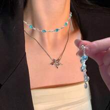 4-Piece Set Double-Layer Star Stainless Steel Snake Chain Necklace Blue Rhinestone Collar Necklace Choker - Multicolor - View 2