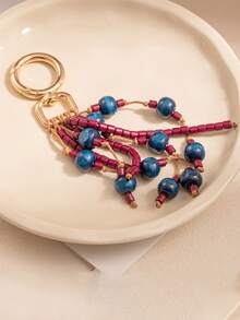 1pc Vintage Elegant Wooden Bead Tassel Bag Charm, Handmade Beaded Keychain Pendant, Cross-Border Hot - Multicolor - View 2