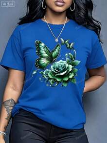 Women'S Casual Crew Neck T-Shirt With Purple Rose And Butterfly Graphic Print,Ideal Birthday Or Holiday Gift, White And Navy The-Shoulder Cropped Top - 藍色1 - 查看 3
