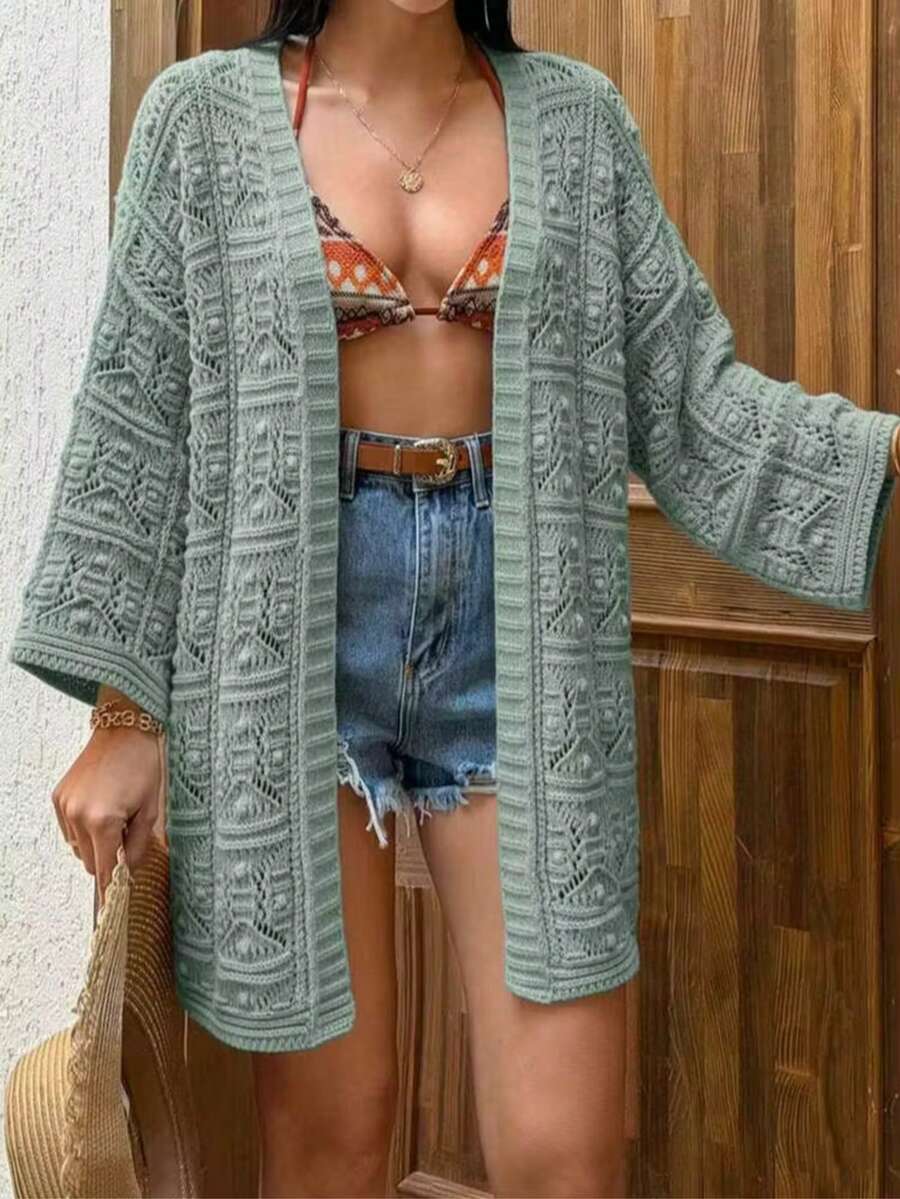 European & American New Solid Color Hollow Crochet Cardigan, Long Vacation Style Jacket, Spring/Summer Slimming Versatile Beach Outerwear - Grey-green - View 1