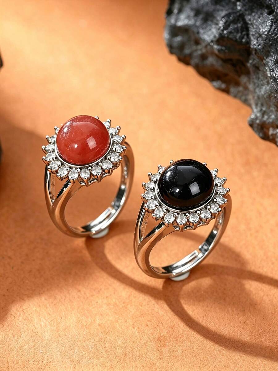 2pcs Fashion Natural Stone Natural Crystal Red Stone And Obsidian Open Ring For Women, Mother's Day, Valentine's Day, Birthday Gift - Redstone and Obsidian - View 1