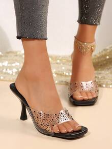 Transparent PVC Rhinestone Square Toe Thin High Heel Mule Slippers, High Heel Slip-On Sandals, Sexy Open Toe Women's High Heel Slippers, Suitable For Summer Wear - Black - View 4