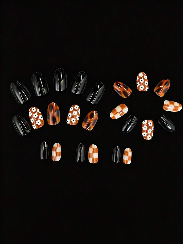 24pcs Autumn Tortoise Shell Checkerboard & White Flower Press-On Nails, Medium Oval Pure Black Glossy Fake Nails, Vintage Autumn Daily Reusable Manicure, Pure Black, Tortoise Shell Texture, Orange & White Checkerboard, White Flower Design, Oval Fake Nails, Autumn Manicure, Suitable For Autumn Daily Outfits, Vintage Style, Casual Dates - Multicolor - View 3