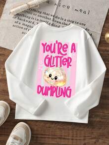 Girls Cute Cartoon Dumpling Pattern Long Sleeve T-Shirt, You're A Glitter Dumpling Letter Print Round Neck Loose Casual Daily Soft Top - White - View 3