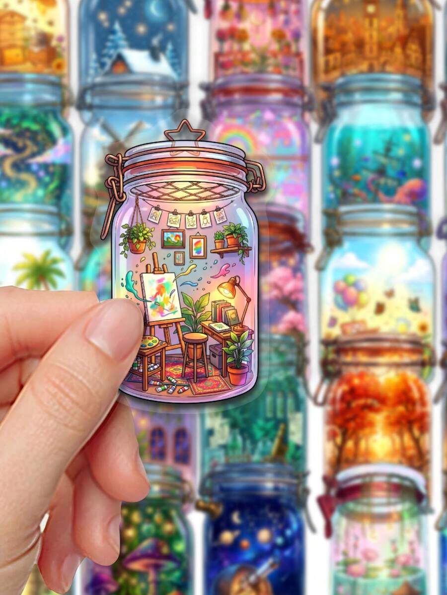 50pcs Fantasy Mini Bottle Scene Sticker Pack, Waterproof Vinyl Magic Jar Landscape Pattern Stickers, Suitable For Planner, Notebook, Scrapbook, Journal And DIY Craft Decoration - Multicolor - View 1