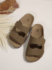 1 Pair Khaki Matte Finish Double Hook & Loop Kids Fashion Slippers Flat Bottom Lightweight Adjustable - Khaki - View 3