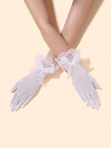 1 par de guantes sin dedos de encaje y malla para mujer, estilo gótico, protección solar transpirable de verano, guantes de encaje con lazo de estética oscura, guantes de tul para boda, guantes de encaje con ribete estilo Lolita - A - Ver 9