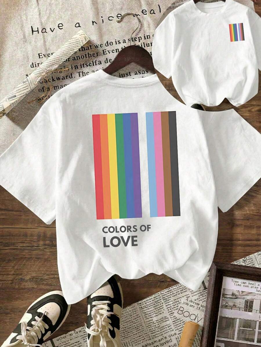 Camiseta de talla grande para mujer con estampado de letras del Orgullo Arcoíris, top multicolor con diseño de corazón, camiseta informal de verano para alianzas LGBT Trans Pride. - Blanco - Ver 1