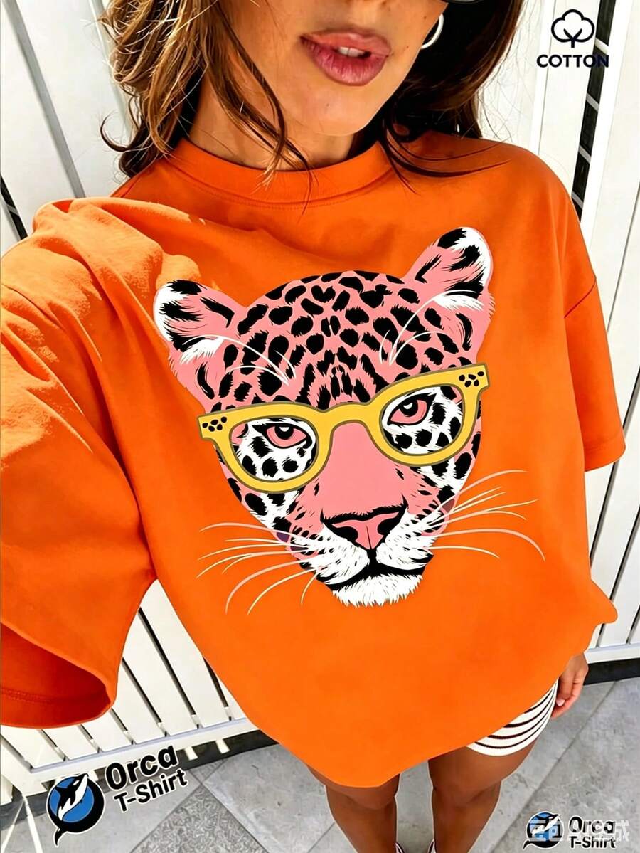 2026 New Women's Ocean Resort Style Short Sleeve T-Shirt, 100% Cotton Loose Fit, Colorful Tropical Fish And Starfish Decorative Print, Breathable And - 橘色 - 查看 1