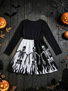 Halloween Mädchen lustiges Totenkopf Langarmkleid - Schwarz und Weiss - Übersicht 2