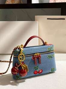 Cherry Embroidered Square Handbag, Red Short Handle, Gold Metal Chain Shoulder Strap, Cute Cherry Charm, Dual Zipper Pockets, Compact Bag Style, Suitable For Dates And Outings - Blue - View 2