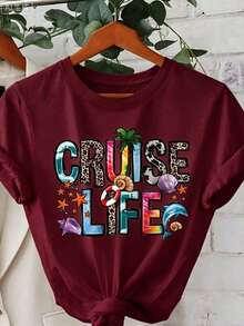 Women "Cruise Life" Summer Vibe Letter Print Short Sleeve Crew Neck T-Shirt-White And Navy Off-The-Shoulder Cropped Top Thanksgiving And Christmas - 酒紅色 - 查看 3
