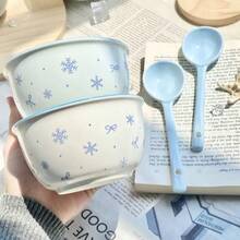 Set Mangkuk dan Sendok Keramik Motif Hati Gadis Kepingan Salju Biru, Peralatan Makan Warna Underglaze, Mangkuk Nasi, Mangkuk Dessert dengan Sendok - Baby Blue - View 1