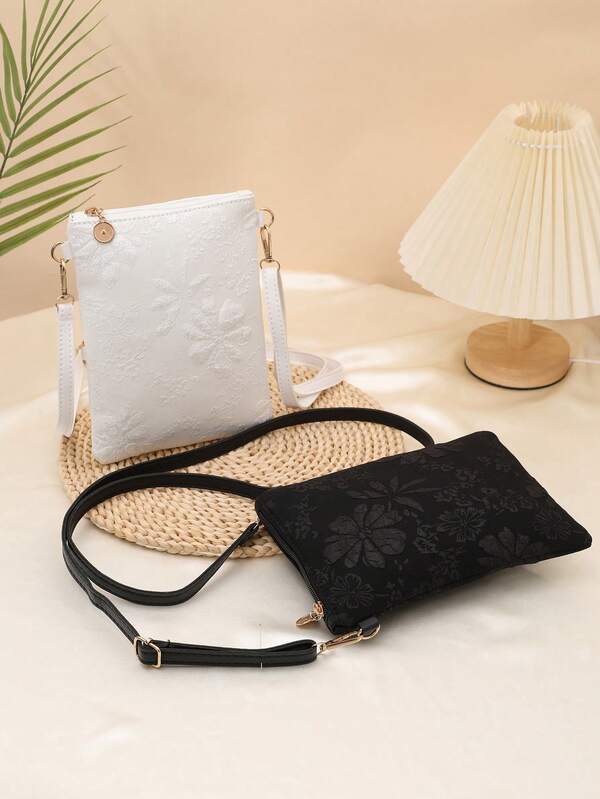 Luxury Fashion Vertical Embroidered Phone Bag, Suitable For All Seasons, Small Women's Bag, Printed Floral Pattern One Shoulder Crossbody Bag, Lightweight Travel Bag, Floral Embroidered Small Pouch, Zipper Closure, Detachable And Adjustable Shoulder Strap