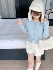 Autumn/Winter Korean Sweet Casual Style Bow Embroidery Knit Cardigan Women, Blue Preppy Style Cropped Top, Style Fall - Blue - View 6