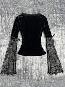 Women's Y2K Elegant Lace V-Neck Short Sleeve Fitted Knit Top T-Shirt - Black - View 2