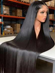 Bone Straight 200% Density Easy To Wear 4x4 5x5 Pre Cut Glueless Lace Closure Wig 13x4 13x6 HD Lace Front Wig Pre Plucked Short Bob Straight Hair Heat Resistant Synthetic Mixed Human Blended Hair Natural Black Pre-Cut Lace Is Available For 4*4 5*5 - Natural & Black - View 2