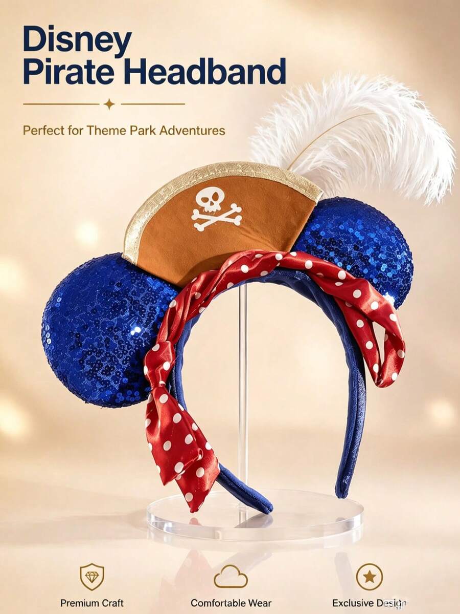 Serre-tête Oreilles de Mickey Pirate Disney, Chapeau Crâne à Paillettes Bleues avec Plume Blanche et Écharpe à Pois, Accessoire de Coiffure Costume de Fête de Cosplay Halloween - A - Voir 1