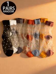 1/3/5/8 Pairs Mixed Color Women's Glass Fiber Mid-Calf Socks, Ultra-Thin Breathable Summer Glass Fiber Women's Socks, Crystal Glass Transparent Polka Dot Mid-Calf Socks - Multicolor - View 10