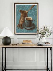 1pc Framed Canvas Wall Art, Vintage Turkish Coffee Cup And Coffee Beans Canvas Painting, Retro Blue Kitchen Decor, Atmospheric Cafe Home Wall Art, Suitable For Modern Home Decor, Room Decor, Dorm Decor, Bedroom Decor, Bathroom Decor, Kitchen Decor, Dining Room Decor, Living Room Decor, Office Decor, School Decor, Classroom Decor, Back To School Decor, Autumn Decor, Autumn Poster, Waterproof Poster, Great Gift - Multicolor - View 2