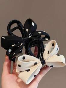 2Pcs/1pc Polka Dot Bow Hair Claw Clip Set, Black & Beige Large Bow Hair Clips, Elegant Hair Accessories For Women Daily Outfit - Multicolor - View 1