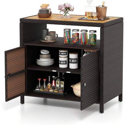 Armario de almacenamiento de ratán para exteriores, armario de exterior Patiojoy con encimera de madera de acacia, compartimento abierto, aparador de mimbre de 2 puertas, variante de bar de exterior 1