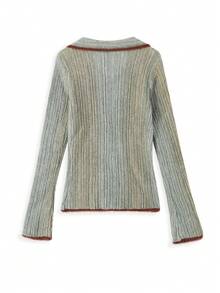 Sweater Vintage Seksi untuk Wanita, Model Baru, Blok Warna, Potongan Ramping, Atasan Kerah Mewah, Patchwork Acak, Musim Gugur - Hijau - View 6