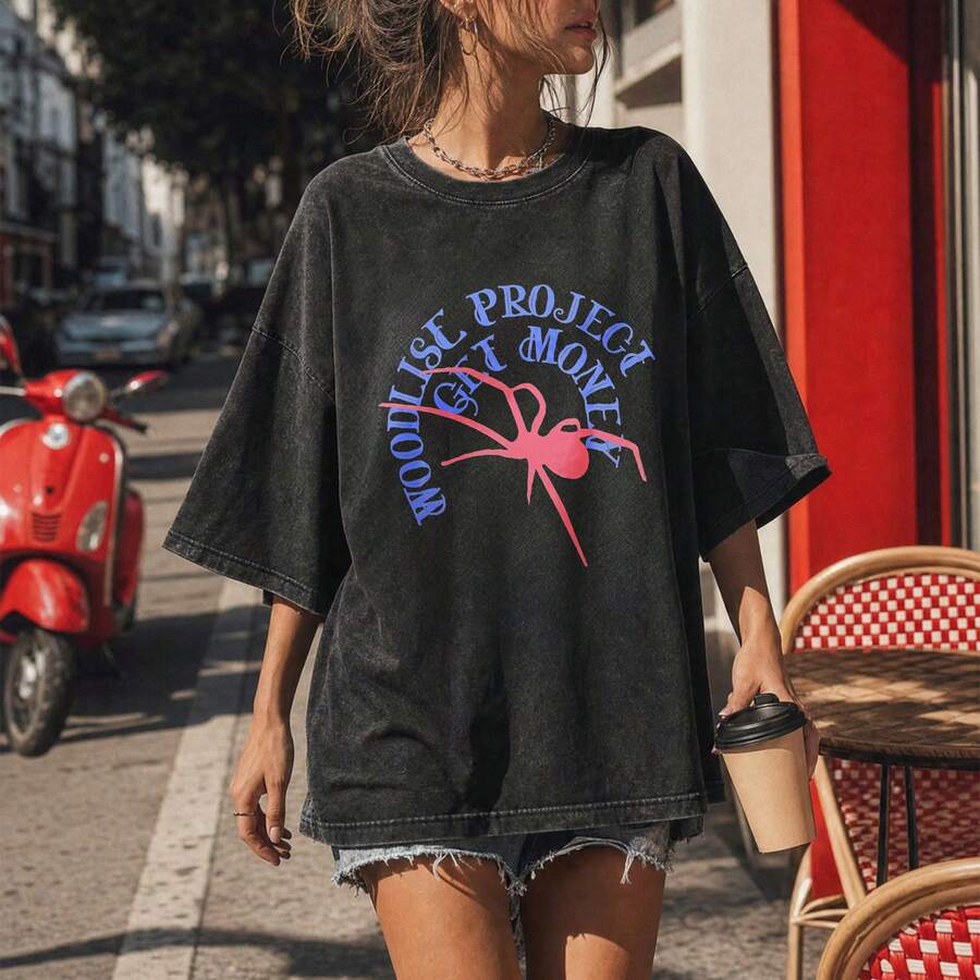 Vintage Streetwear, Washed Cotton T-Shirt, Woodlist Project Get Money Spider Graphic Print, Acid Wash Distressed Hem Oversized Fit, Women Casual Summe - WUWash Black1 - View 1