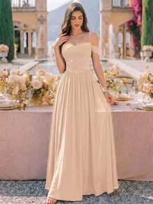 Đầm dạ hội maxi voan chiffon đính sequin ren hoa, trễ vai, gấu nhún, đầm phù dâu, váy dạ hội cưới mùa thu trang trọng - Rượu sâm banh - Xem 4