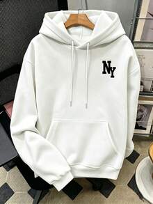 男士秋冬休閒連帽衛衣，印有「NY」縮寫元素，返校風格 - 白色 - 查看 3