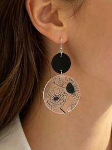 1 Pair Vintage Floral Double Layer Round Disc Earrings, Black Wooden Slice & Transparent Acrylic Printed Versatile Earrings - Black - View 2