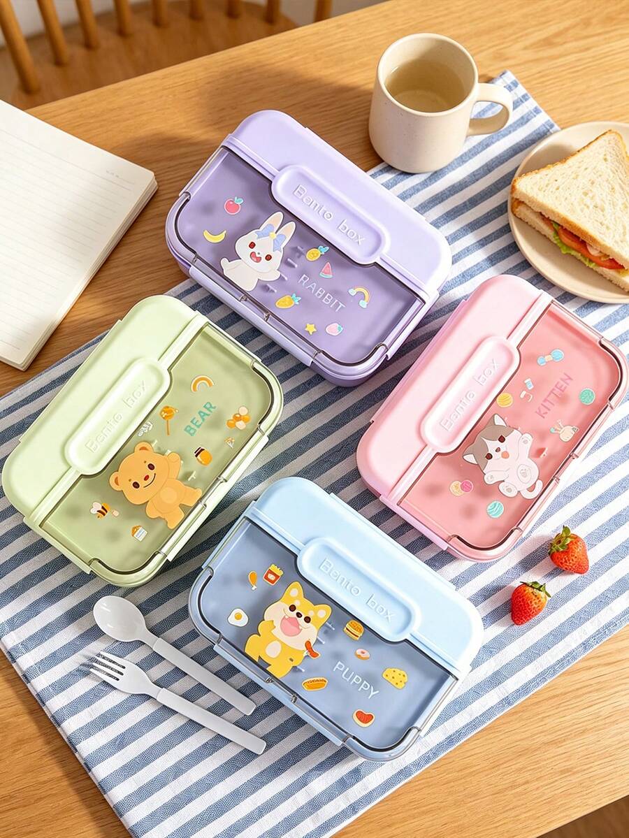 1/2/3pcs Cute Animal Print Bento Box, Sealed Portable Lunch Box With Fork & Spoon, Reusable, Microwave , Meal Prep Container, Suitable For Home, School, Office, Travel, Back To School Season And Outdoor Picnic - Multicolor - View 1